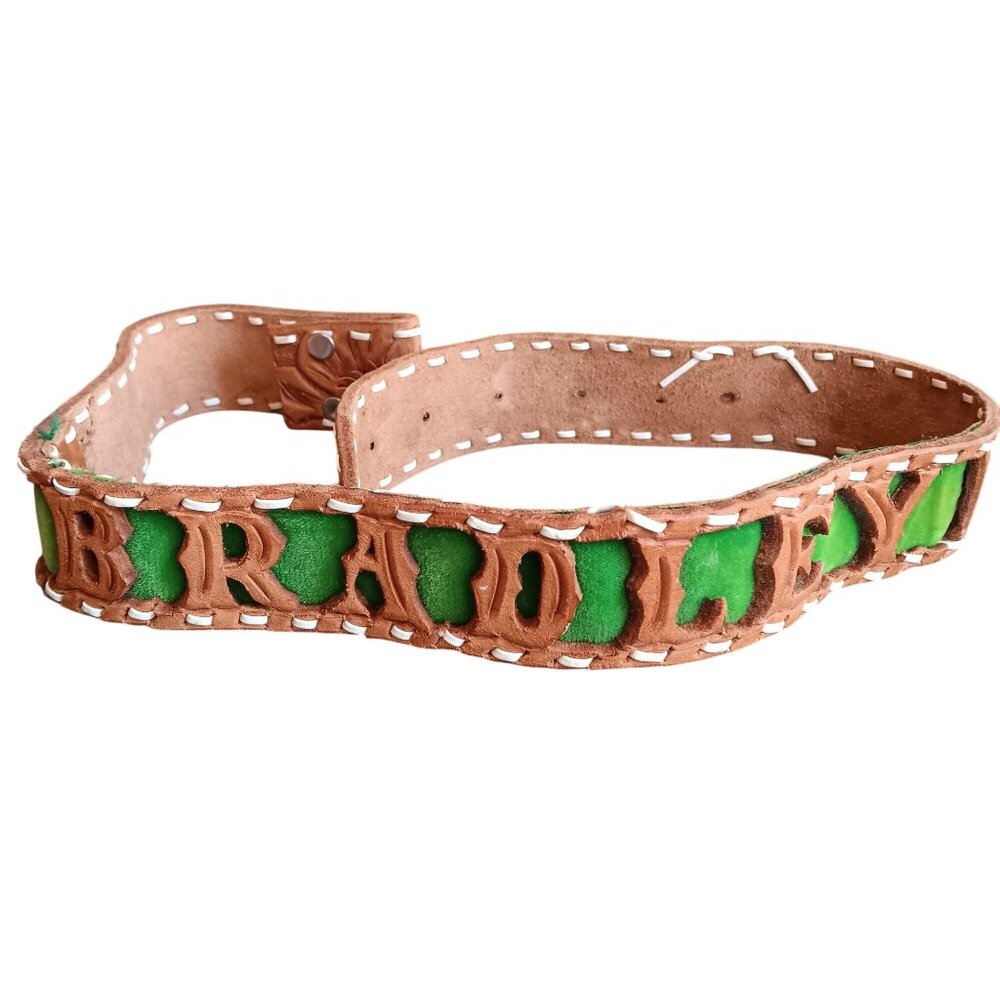 Vintage 1970s Mens Cowboy Western Belt 29 30 Small "BRADLEY" INLAY Monogram USA
